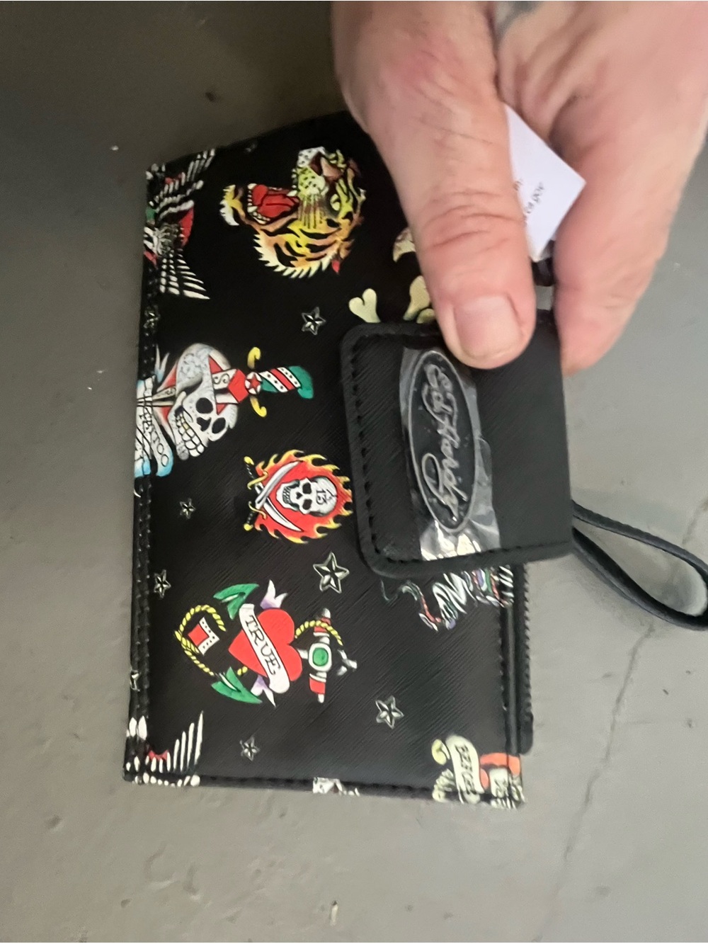 Ed Hardy Black Tattoo-Print Wristlet Wallet with Multicolor Graphics